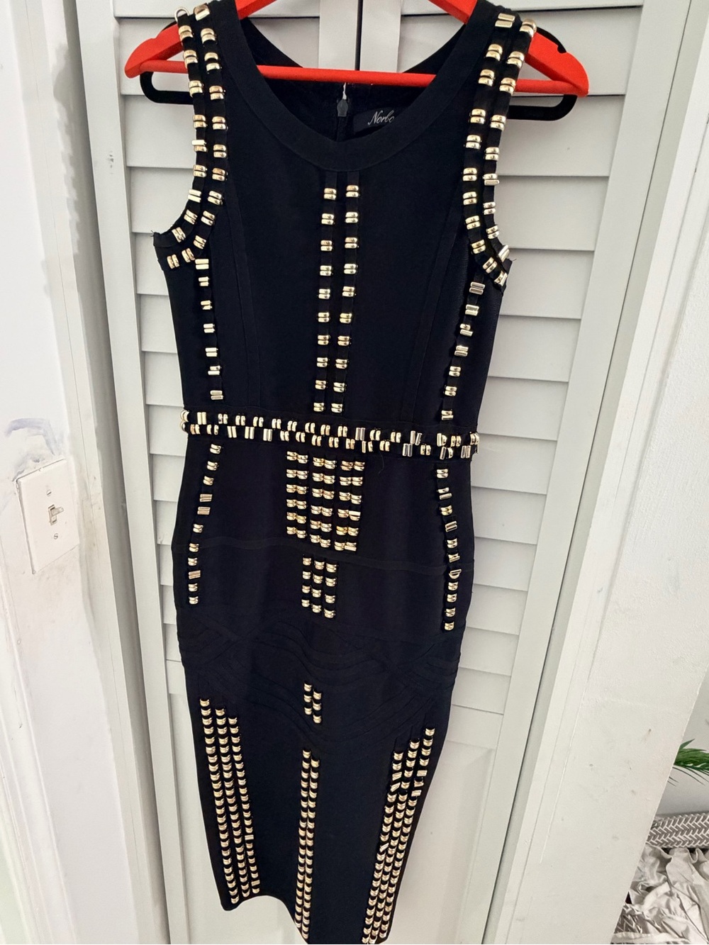 Herve Leger Black Midi Dress with Gold Stud Detailing